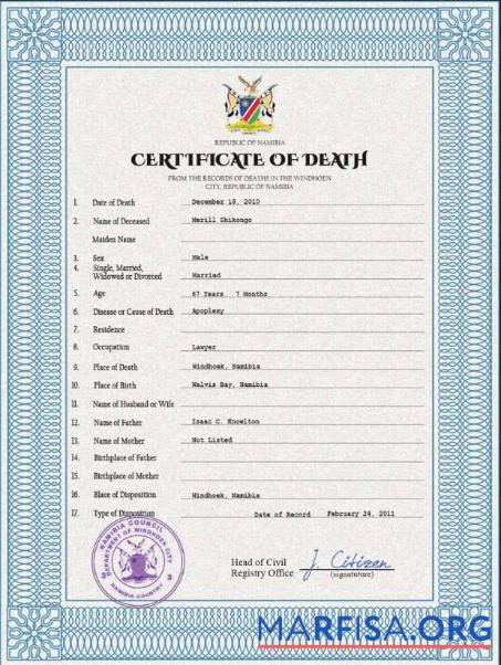 Downloadable Namibia vital record death certificate PSD template